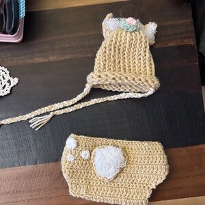 Handmade fawn Knit Baby Hat and Diaper Cover Set